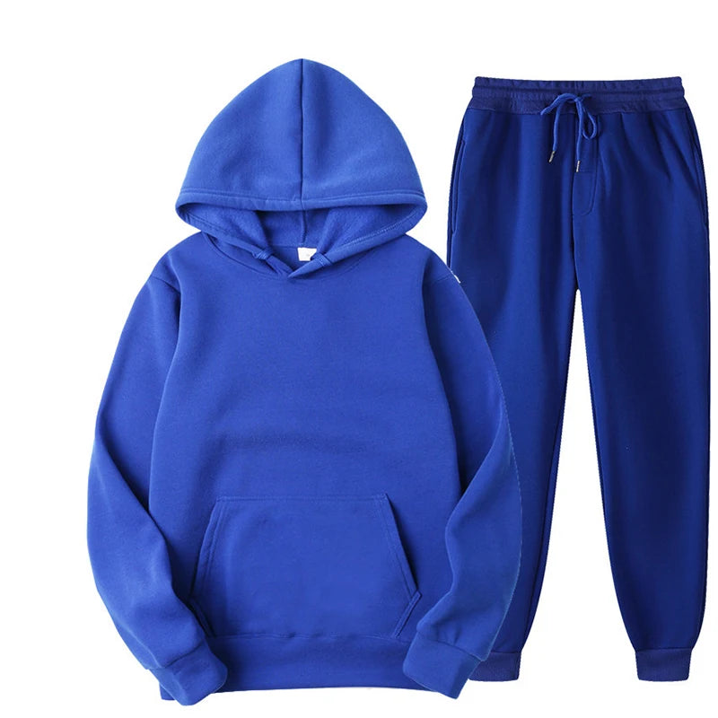 Women's Casual Solid Color Tracksuit Set - Thick Pullover Hoodie and Long Pants for Autumn Fleece Jogging Sportswear