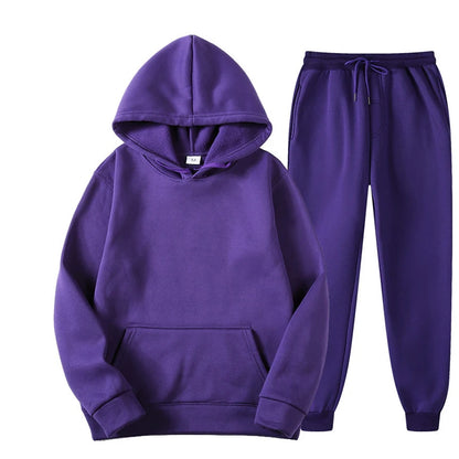 Women's Casual Solid Color Tracksuit Set - Thick Pullover Hoodie and Long Pants for Autumn Fleece Jogging Sportswear