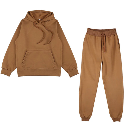 Women's Casual Solid Color Tracksuit Set - Thick Pullover Hoodie and Long Pants for Autumn Fleece Jogging Sportswear