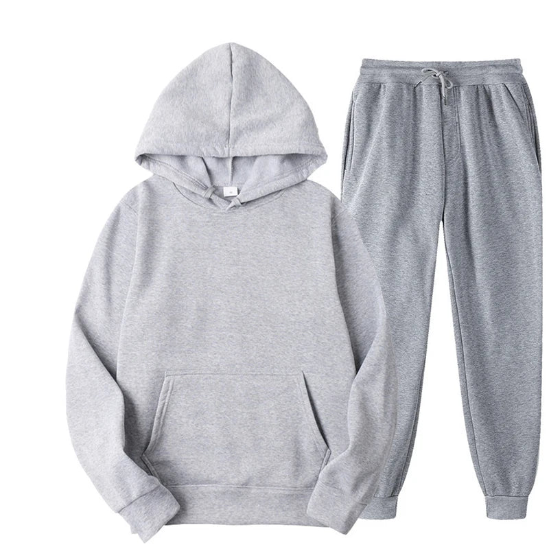 Women's Casual Solid Color Tracksuit Set - Thick Pullover Hoodie and Long Pants for Autumn Fleece Jogging Sportswear