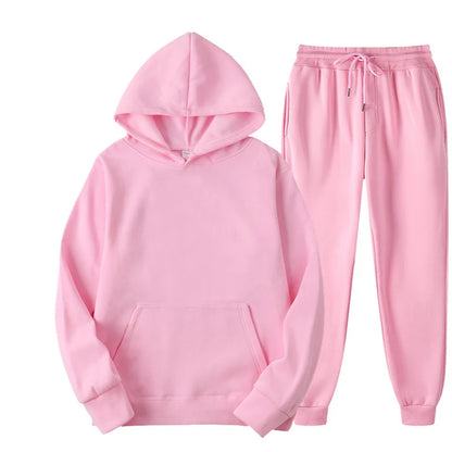 Women's Casual Solid Color Tracksuit Set - Thick Pullover Hoodie and Long Pants for Autumn Fleece Jogging Sportswear