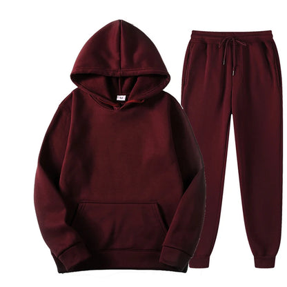 Women's Casual Solid Color Tracksuit Set - Thick Pullover Hoodie and Long Pants for Autumn Fleece Jogging Sportswear