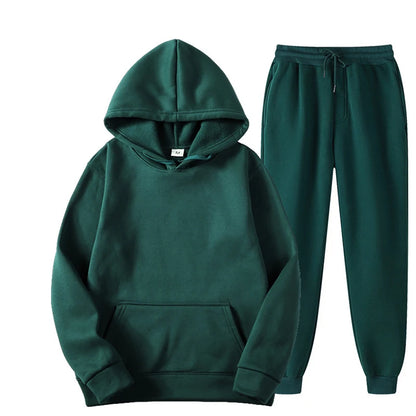 Women's Casual Solid Color Tracksuit Set - Thick Pullover Hoodie and Long Pants for Autumn Fleece Jogging Sportswear