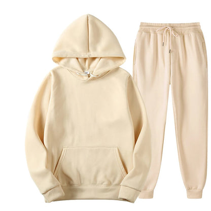 Women's Casual Solid Color Tracksuit Set - Thick Pullover Hoodie and Long Pants for Autumn Fleece Jogging Sportswear