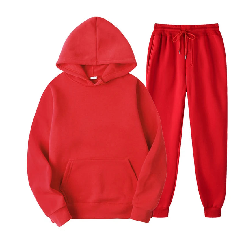 Women's Casual Solid Color Tracksuit Set - Thick Pullover Hoodie and Long Pants for Autumn Fleece Jogging Sportswear